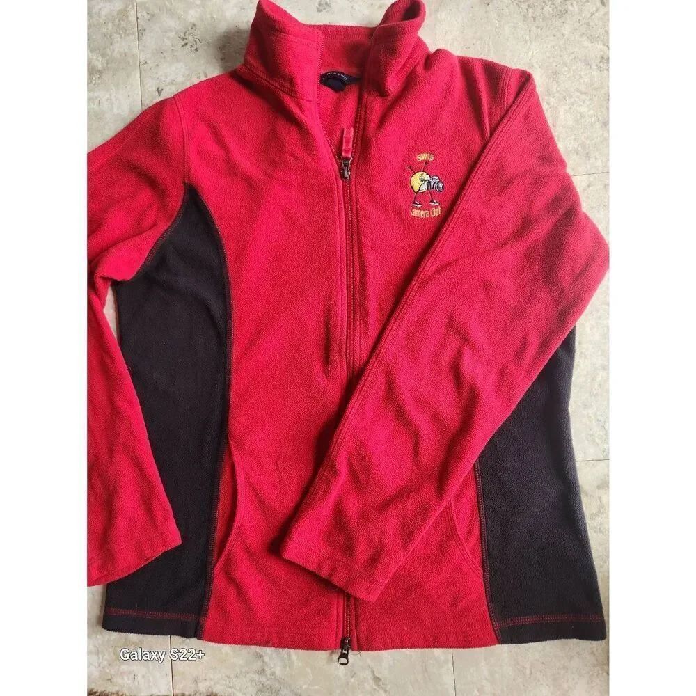 H27 Lands End "camera club" red zip-up fleece jacket w/smiley face bug logo